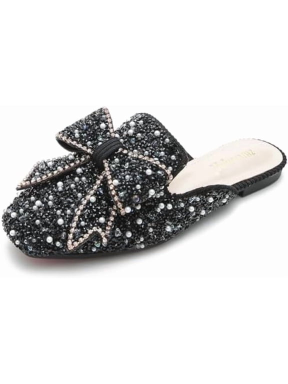 Women's Mules Bow Pearl Rhinestone Flat Glitter Slip on Square Toe