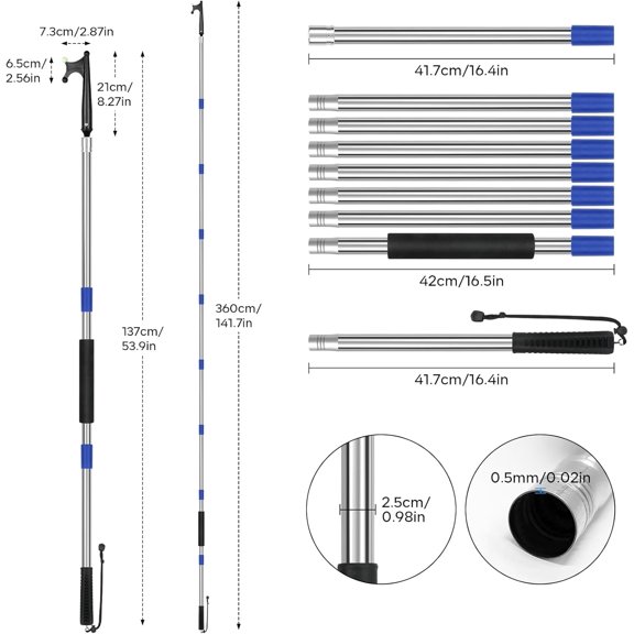 SANLIKE Boat Hooks for Docking 12FT Extension Pole Hook, 9-Sections Adjustable Boat Pole Marine Dock Stick Pontoon Boat Hook Pole$$Watercraft