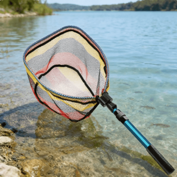 KOMCLUB Foldable Telescopic Rod Fishing Net Colored Rubber Coating Fishing Net Freshwater Seawater Landing Net for Trout Bass Steelhead Salmon