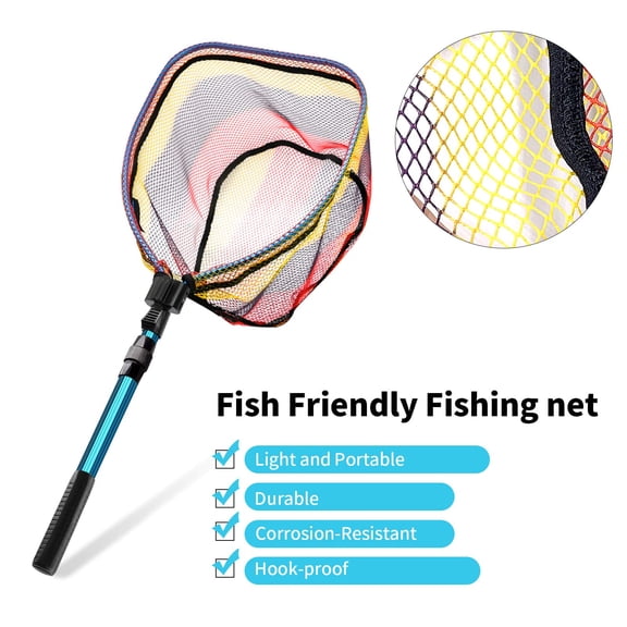 KOMCLUB  Foldable Telescopic Rod Fishing Net Colored Rubber Coating Fishing Net Freshwater Seawater Landing Net for Trout Bass Steelhead Salmon