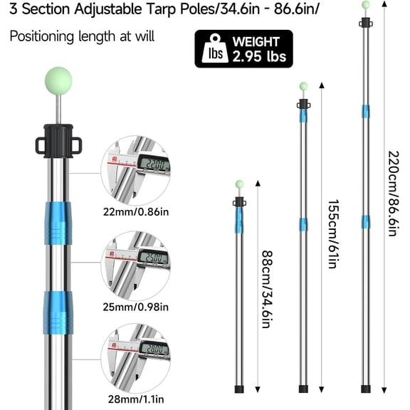 SANLIKE Telescoping Tarp Pole Heavy Duty Tent Poles, 33"-86.6"/94" Thickened Tube Collapsible Stainless Steel Canopy Poles for Camping Backpacking Hiking Awning Sun Sails Outdoor Sports, Set of 2
