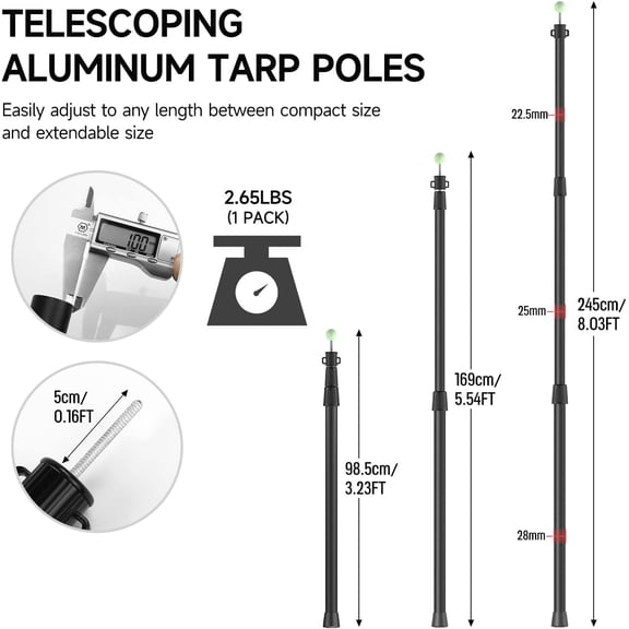 SANLIKE Telescoping Tarp Poles Tent Poles, 96" Aluminum Canopy Poles Extendable Pole with Tent Stakes and Guy Lines for Awning Shelter Camping Backpacking Hiking Picnic, Set of 4, Black
