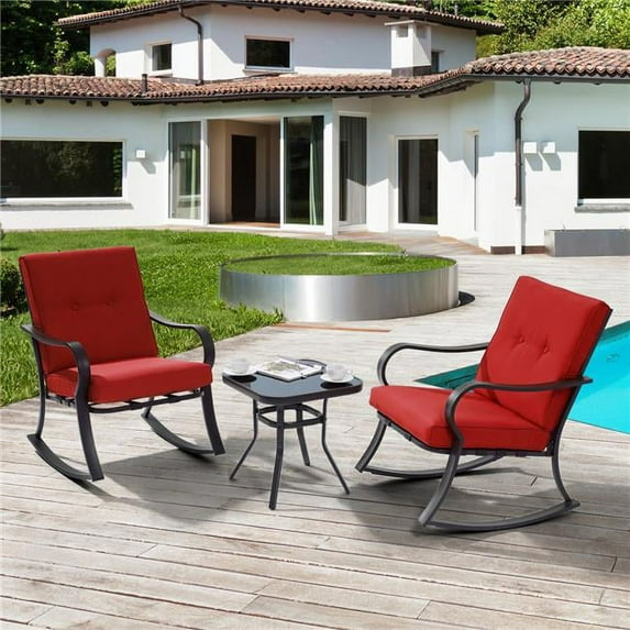 SANLUCE UN-KF-A17R 3-Piece Metal Frame Outdoor Bistro Set 2 Rocking Chairs with Red Cushions and Tempered Glass Side Table