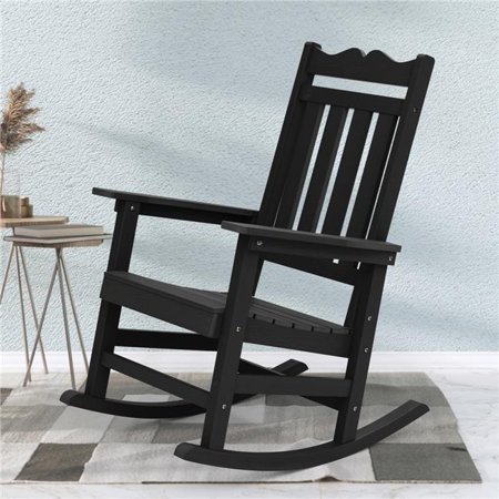 SANLUCE UN-RC-61-BK Black Plastic Outdoor Adirondack Rocking Chair with Big Armrests Weather Resistant Easy Installation Rocking Chair