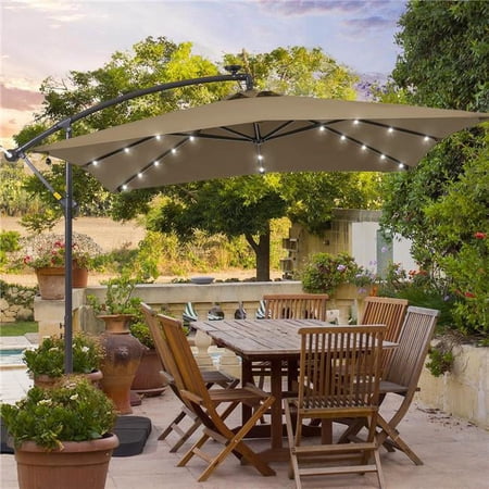 SANLUCE UN-SM95TP 8.2 ft. x 8.2 ft. Patio Offset Cantilever Umbrella With LED Lights, Rectangular Canopy, Steel Pole and Ribs in Taupe