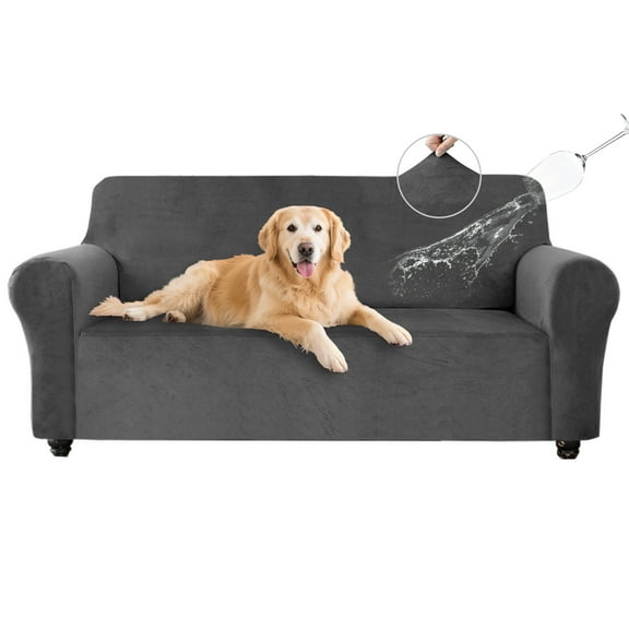 SANMADROLA 100% Waterproof Couch Covers Velvet Stretch Slipcover for 3 Cushion Sofa Cover Non Slip Leakproof Washable Furniture Protector for Kids Dogs Cats Pets, Gray, Loveseat