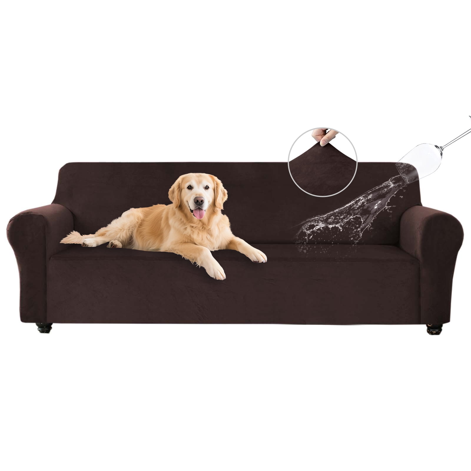SANMADROLA 100% Waterproof Couch Covers Velvet Stretch Slipcover for 3 Cushion Sofa Cover Non Slip Leakproof Washable Furniture Protector for Kids Dogs Cats Pets, Brown, Oversized Sofa