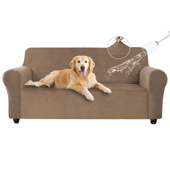 SANMADROLA 100% Waterproof Couch Covers Velvet Stretch Slipcover for 3 Cushion Sofa Cover Non Slip Leakproof Washable Furniture Protector for Kids Dogs Cats Pets, Camel, Loveseat