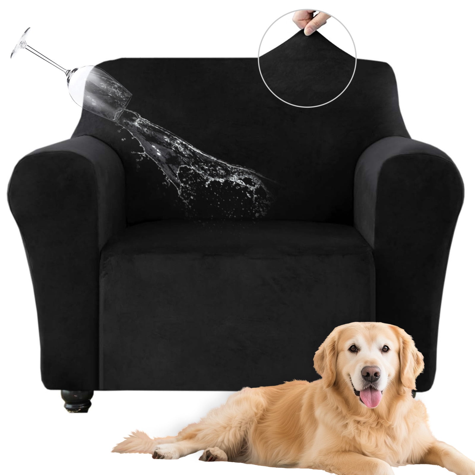SANMADROLA 100% Waterproof Couch Covers Velvet Stretch Slipcover for 3 Cushion Sofa Cover Non Slip Leakproof Washable Furniture Protector for Kids Dogs Cats Pets, Black,Chair