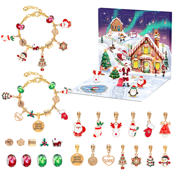 SANMADROLA 2025 Christmas Advent Calendar Bracelets for Girls 24 Days Xmas Countdown Calendar DIY Bracelet Making Kit Gift 22 Charm Beads 2 Bracelets for Kid Teens Christmas Gifts Girl Idea Bracelets