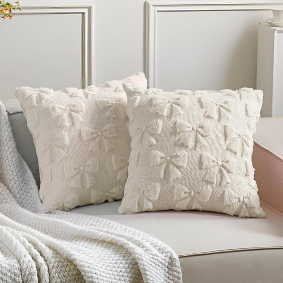 SANMADROLA Bow Pillow Covers Coquette Room Decor Set of 2 Decorative Cute Girl Vlentine Pillow Covers Spring Soft Pillowcase for Bed Sofa Couch, Fall Christmas Decor, (18x18 Inch, Beige)