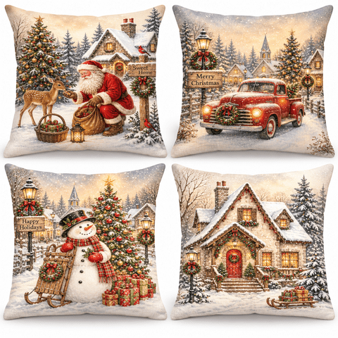 SANMADROLA Christmas Decoration Pillow Covers 18x18 Set of 4 Rustic Winter Holiday Throw Pillows Farmhouse Christmas Decor for Home Xmas Cushion Cases for Couch Sofa