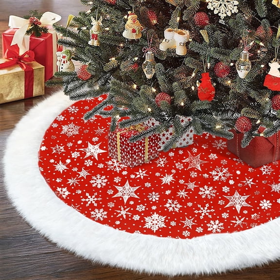 SANMADROLA Christmas Tree Skirt,36 inch Red Merry Christmas Tree Skirt with Gold Snowflake Faux Fur Christmas Decorations,Xmas Tree Base Mat for Indoor Outdoor Holiday New Year Party Home Decorations