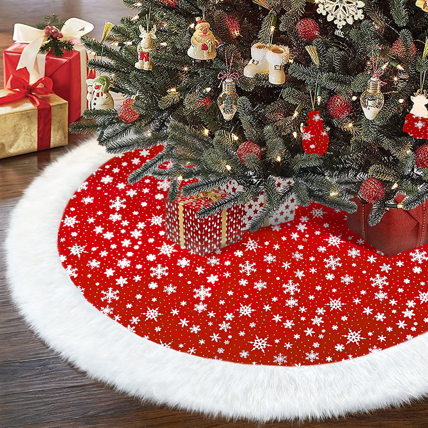 SANMADROLA Christmas Tree Skirt,36 inch Red Merry Christmas Tree Skirt with Gold Snowflake Faux Fur Christmas Decorations,Xmas Tree Base Mat for Indoor Outdoor Holiday New Year Party Home Decorations