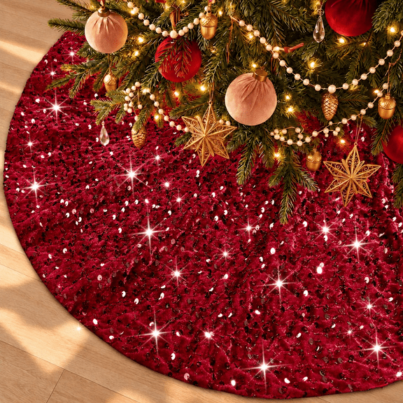 SANMADROLA Christmas Tree Skirt 36 Inch Red Velvet Fabric Soft Metallic Tree Cover Mat Glitter Embroidered and Sequined Tree Skirts for Christmas Tree Decorations and Ornaments