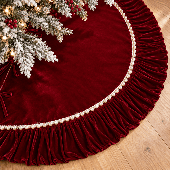 SANMADROLA Christmas Tree Skirt Luxury Velvet Plush Rustic Xmas Indoor Holiday Decorations Home Fur Scallop Tree Skirt Sparking lace trim 36'' Red