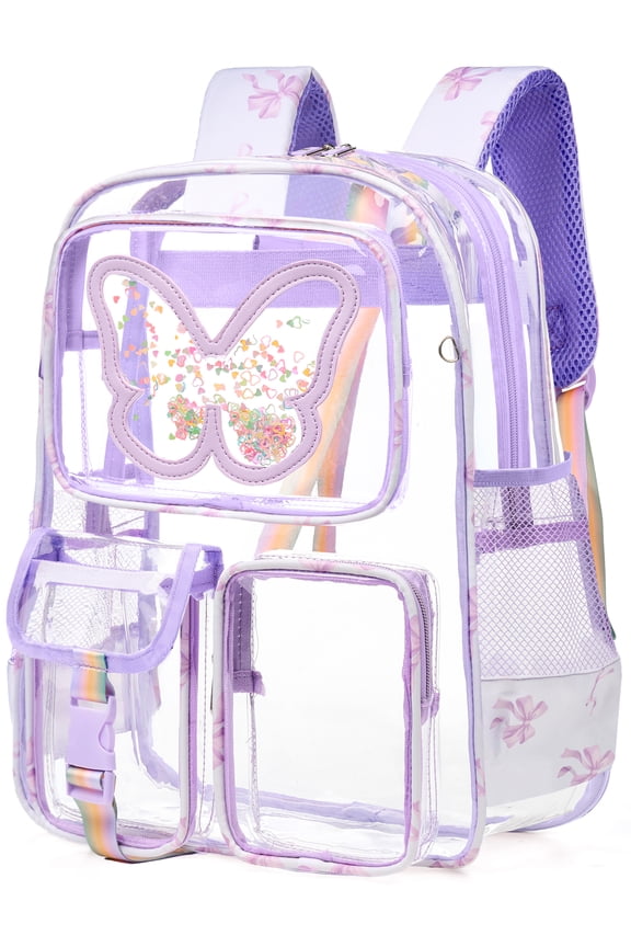 Clear Backpack Butterfly Heavy Duty Transparent Bookbag Teen Girlish Cute Bag Large Capacity See Through Backpacks Stadium Approved Daypack for Middle School College Sport/Travel