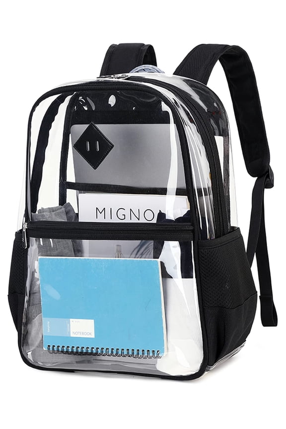 Clear Backpack Heavy Duty, PVC See Through Book Bag for School Stadium Approved Transparent Backpack, Black