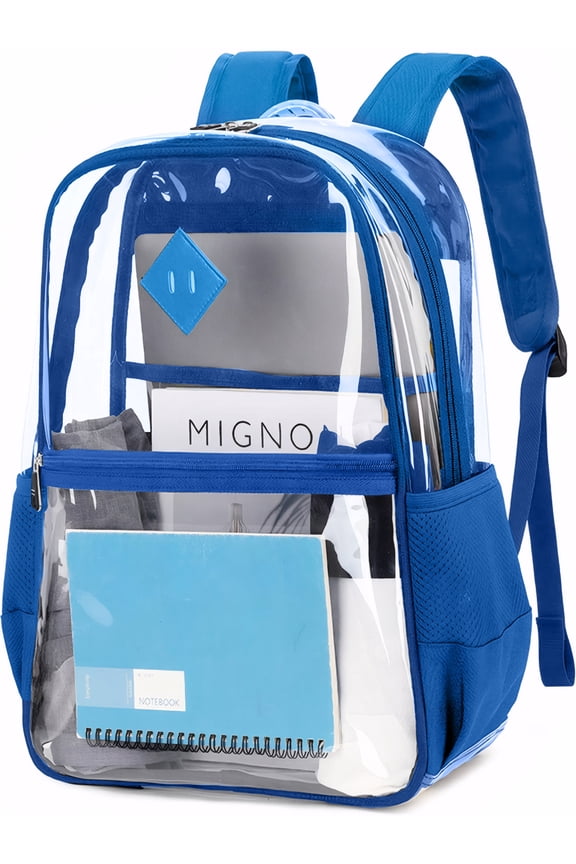 Clear Backpack Heavy Duty, PVC See Through Book Bag for School Stadium Approved Transparent Backpack, Blue