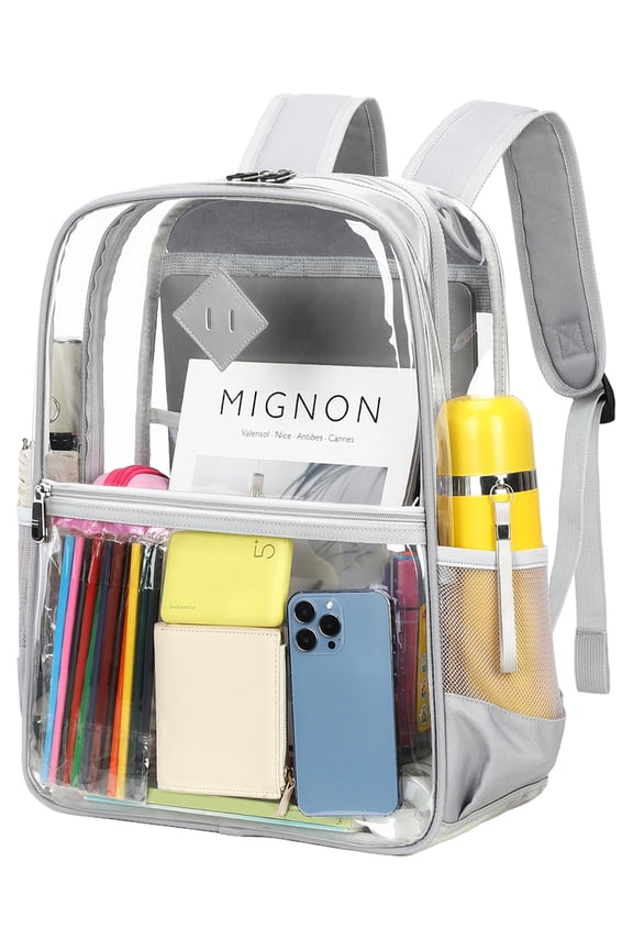 Clear Backpack Heavy Duty, PVC See Through Book Bag for School Stadium Approved Transparent Backpack, Grey