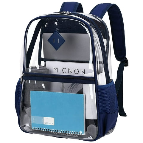 Clear Backpack Heavy Duty, PVC See Through Book Bag for School Stadium Approved Transparent Backpack, Navy Blue
