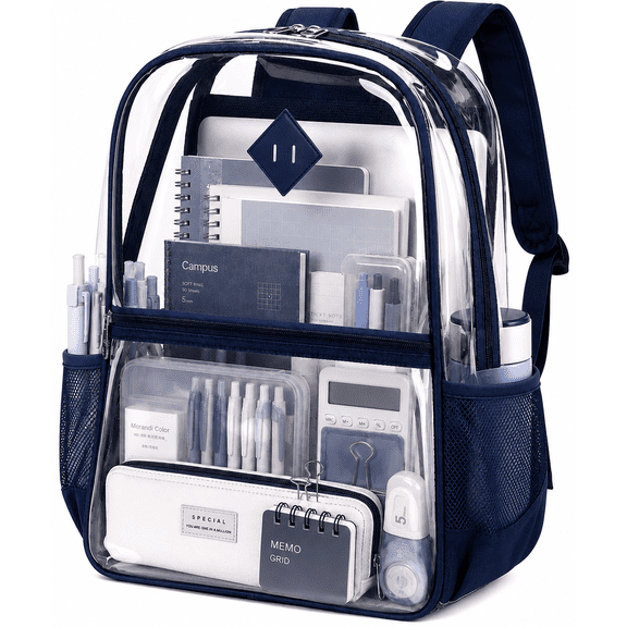 SANMADROLA Clear Backpack Heavy Duty, PVC See Through Book Bag for School Stadium Approved Transparent Backpack, Navy Blue