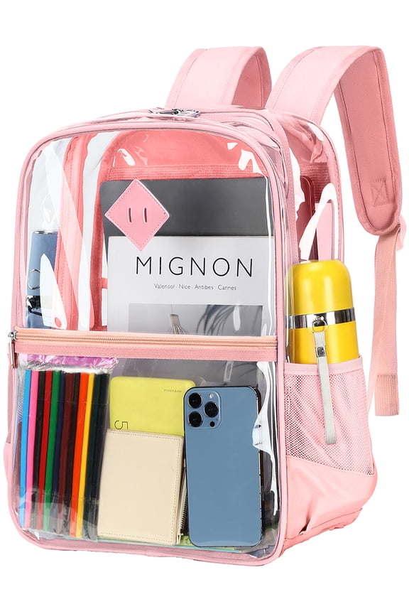 Clear Backpack Heavy Duty, PVC See Through Book Bag for School Stadium Approved Transparent Backpack, Pink