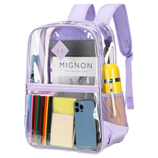 SANMADROLA Clear Backpack Heavy Duty, PVC See Through Book Bag for School Stadium Approved Transparent Backpack, Purple