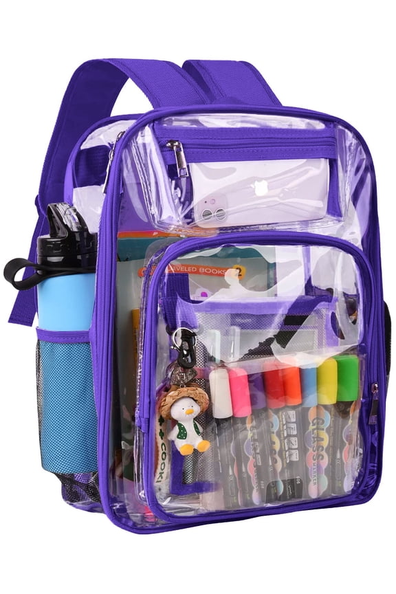Clear Backpack, Heavy Duty PVC Transparent Backpack Stadium approved with Reinforced Strap School Bookbag for School, Workplace, Stadium, Travel, Security, Festival, College (Purple)