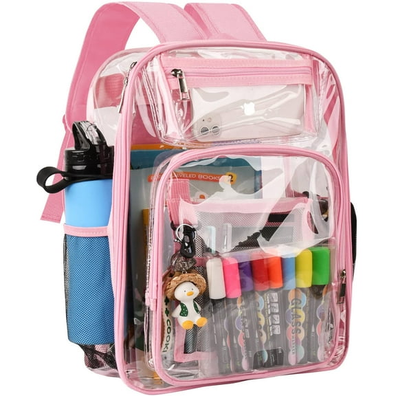 SANMADROLA Clear Backpack, Heavy Duty PVC Transparent Backpack Stadium approved with Reinforced Strap School Bookbag for School, Workplace, Stadium, Travel, Security, Festival, College (Pink)