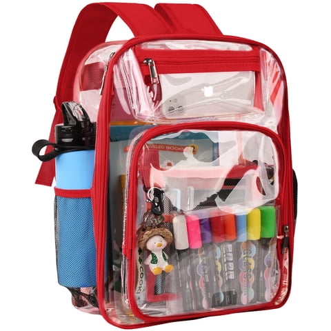SANMADROLA Clear Backpack, Heavy Duty PVC Transparent Backpack Stadium approved with Reinforced Strap School Bookbag for School, Workplace, Stadium, Travel, Security, Festival, College (Red)