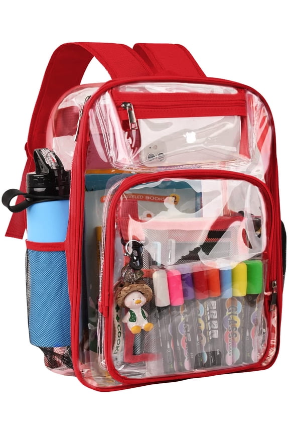 Clear Backpack, Heavy Duty PVC Transparent Backpack Stadium approved with Reinforced Strap School Bookbag for School, Workplace, Stadium, Travel, Security, Festival, College (Red)