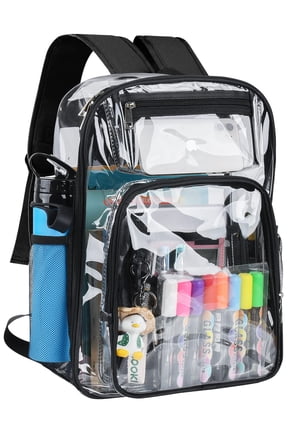 Clear Backpack, Heavy Duty PVC Transparent Backpack Stadium approved with Reinforced Strap School Bookbag for School, Workplace, Stadium, Travel, Security, Festival, College (Black)