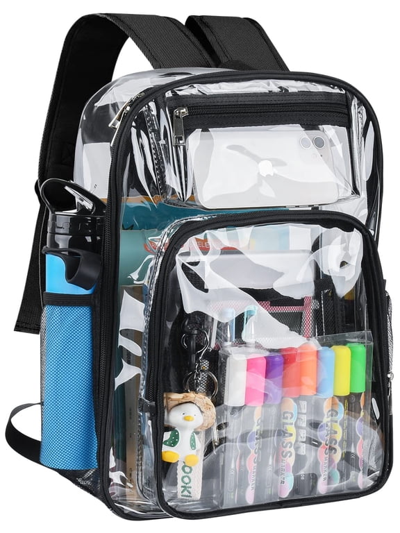 Clear Backpack, Heavy Duty PVC Transparent Backpack Stadium approved with Reinforced Strap School Bookbag for School, Workplace, Stadium, Travel, Security, Festival, College (Black)