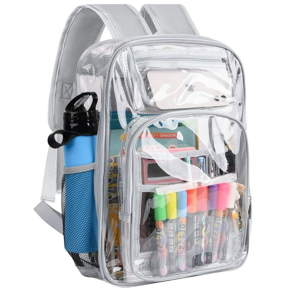 SANMADROLA Clear Backpack, Heavy Duty PVC Transparent Backpack Stadium approved with Reinforced Strap School Bookbag for School, Workplace, Stadium, Travel, Security, Festival, College (Light Gray)
