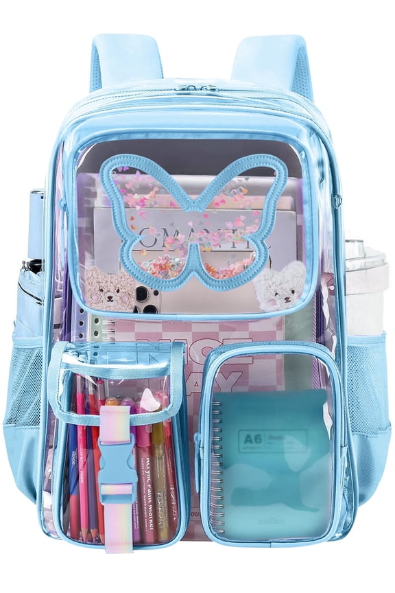Clear Backpack Heavy Duty Transparent Bookbag Teen Girlish Cute Bag Large Capacity See Through Backpacks Stadium Approved Daypack for Middle School College Sport/Travel, Blue Butterfly