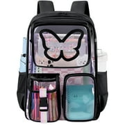 SANMADROLA Clear Backpack Heavy Duty Transparent Bookbag Teen Girlish Cute Bag Large Capacity See Through Backpacks Stadium Approved Daypack for Middle School College Sport/Travel, Black Butterfly