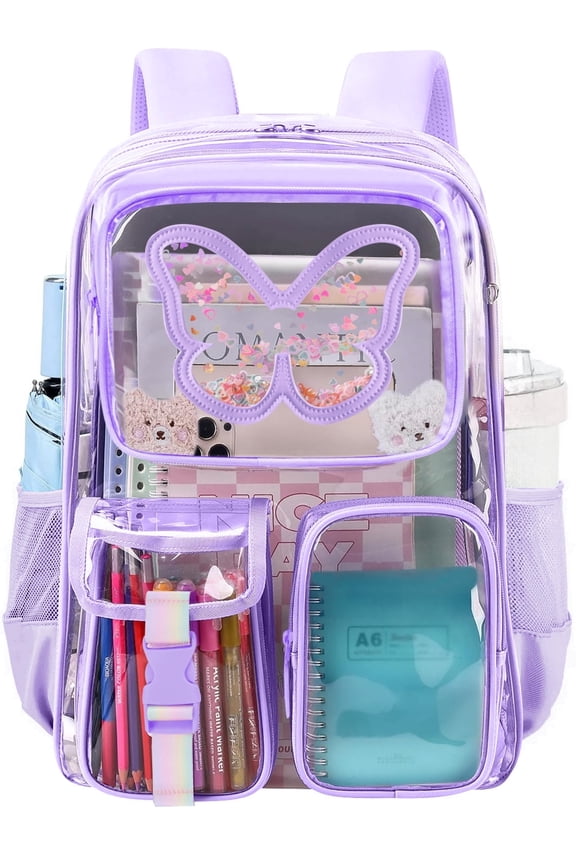 Clear Backpack Heavy Duty Transparent Bookbag Teen Girlish Cute Bag Large Capacity See Through Backpacks Stadium Approved Daypack for Middle School College Sport/Travel, Purple Butterfly