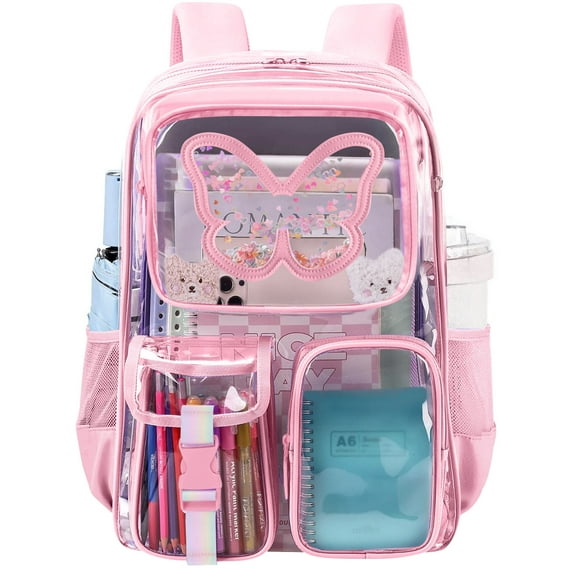SANMADROLA Clear Backpack Heavy Duty Transparent Bookbag Teen Girlish Cute Bag Large Capacity See Through Backpacks Stadium Approved Daypack for Middle School College Sport/Travel, Pink Butterfly