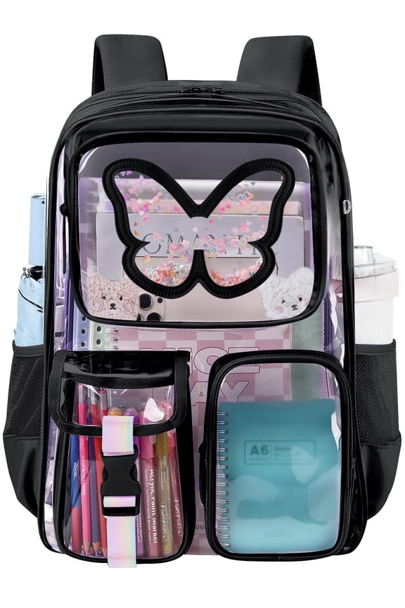Clear Backpack Heavy Duty Transparent Bookbag Teen Girlish Cute Bag Large Capacity See Through Backpacks Stadium Approved Daypack for Middle School College Sport/Travel, Black Butterfly