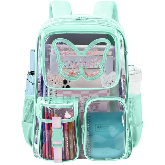 SANMADROLA Clear Backpack Heavy Duty Transparent Bookbag Teen Girlish Cute Bag Large Capacity See Through Backpacks Stadium Approved Daypack for Middle School College Sport/Travel, Green Butterfly