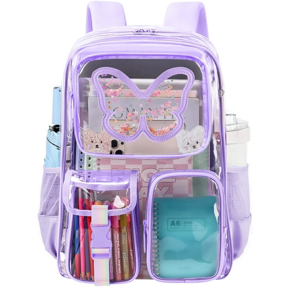 SANMADROLA Clear Backpack Heavy Duty Transparent Bookbag Teen Girlish Cute Bag Large Capacity See Through Backpacks Stadium Approved Daypack for Middle School College Sport/Travel, Purple Butterfly