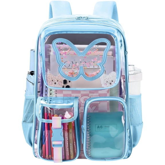 SANMADROLA Clear Backpack Heavy Duty Transparent Bookbag Teen Girlish Cute Bag Large Capacity See Through Backpacks Stadium Approved Daypack for Middle School College Sport/Travel, Blue Butterfly