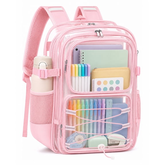 SANMADROLA Clear Backpack School Backpack Bookbag Transparent Bag Large Heavy Duty Stadium Approved See Through Backpack Waterproof PVC with Reinforced Strap for School Work Travel with Reflective