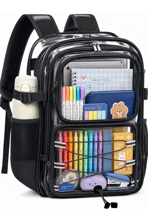 Clear Backpack School Backpack Bookbag Transparent Bag Large Heavy Duty Stadium Approved See Through Backpack Waterproof PVC with Reinforced Strap for School Work Travel with Reflective