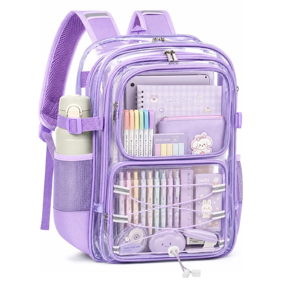 SANMADROLA Clear Backpack School Backpack Bookbag Transparent Bag Large Heavy Duty Stadium Approved See Through Backpack Waterproof PVC with Reinforced Strap for School Work Travel with Reflective