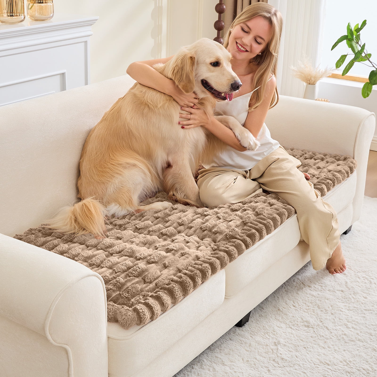 SANMADROLA Waterproof Couch Cover for Dogs Washable, Non-Slip Fuzzy Loveseat Slipcovers, Thick Soft Dog Bed Mat for 2 Cushion Sofa Pet Friendly Furniture Protector, Camel, 28" x 59"