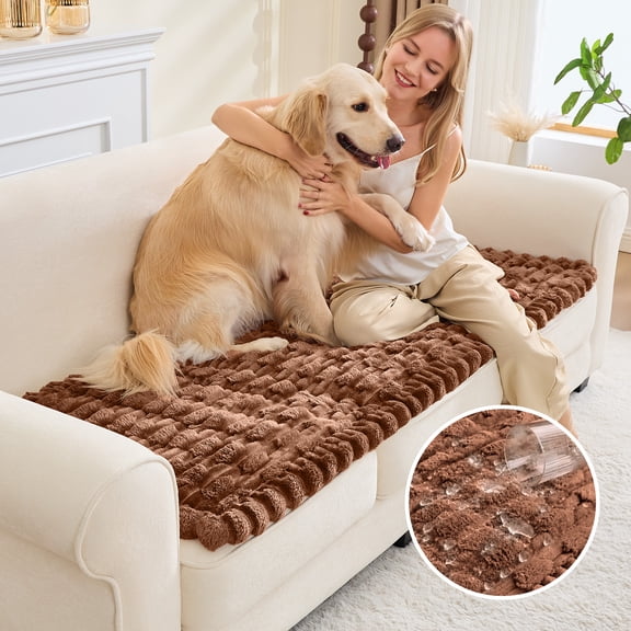 SANMADROLA Waterproof Couch Cover for Dogs Washable, Non-Slip Fuzzy Loveseat Slipcovers, Thick Soft Dog Bed Mat for 2 Cushion Sofa Pet Friendly Furniture Protector, Brown, 28" x 59"
