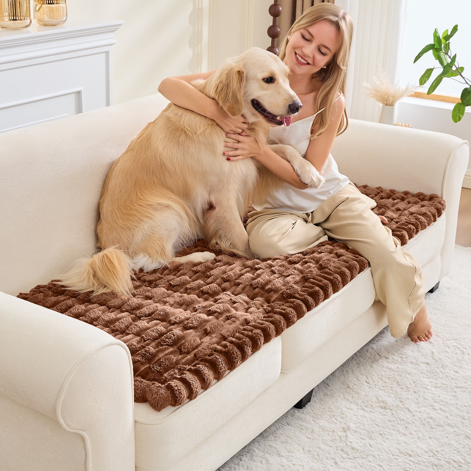SANMADROLA Waterproof Couch Cover for Dogs Washable, Non-Slip Fuzzy Loveseat Slipcovers, Thick Soft Dog Bed Mat for 2 Cushion Sofa Pet Friendly Furniture Protector, Brown, 28" x 59"