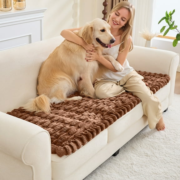 SANMADROLA Waterproof Couch Cover for Dogs Washable, Non-Slip Fuzzy Loveseat Slipcovers, Thick Soft Dog Bed Mat for 2 Cushion Sofa Pet Friendly Furniture Protector, Brown, 28" x 59"